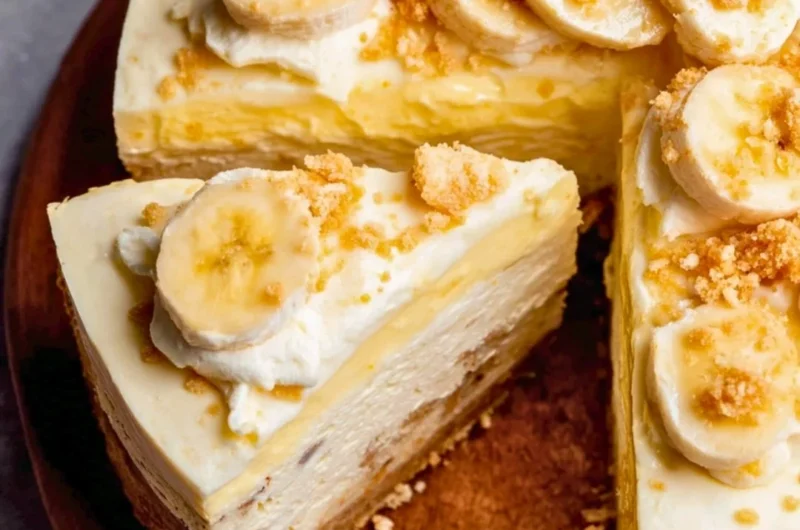 Delicious banana pudding cheesecake with whipped cream and banana slices on top
