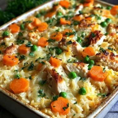 Delicious homemade chicken rice casserole served on a plate with garnish.