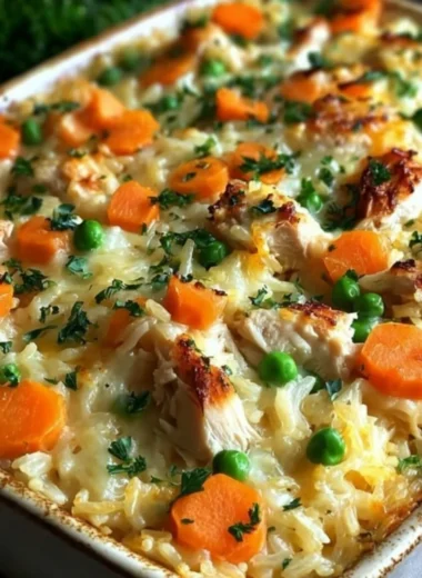 Delicious homemade chicken rice casserole served on a plate with garnish.