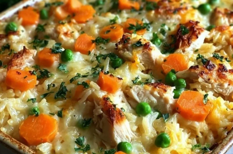Delicious homemade chicken rice casserole served on a plate with garnish.