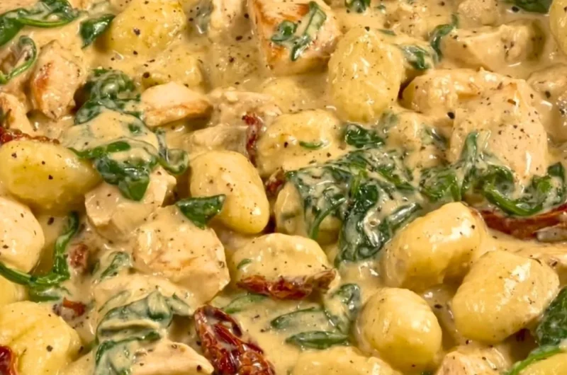 Bowl of creamy chicken gnocchi with herbs and vegetables