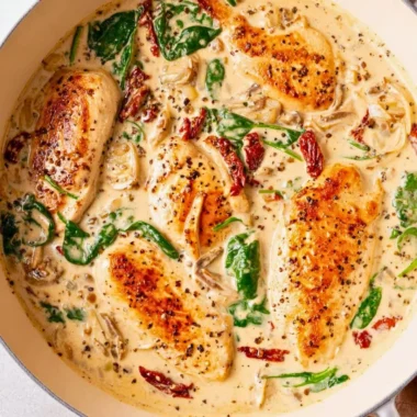 Creamy Tuscan chicken dish with herbs and colorful vegetables