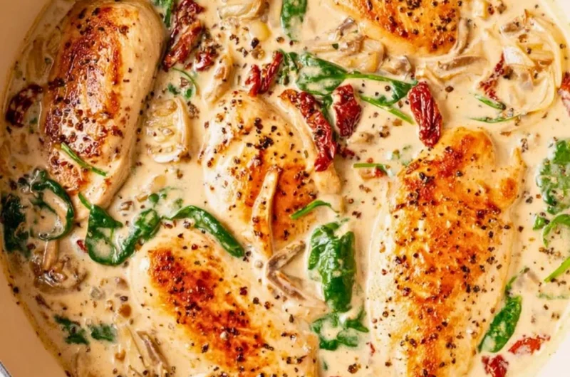Creamy Tuscan chicken dish with herbs and colorful vegetables