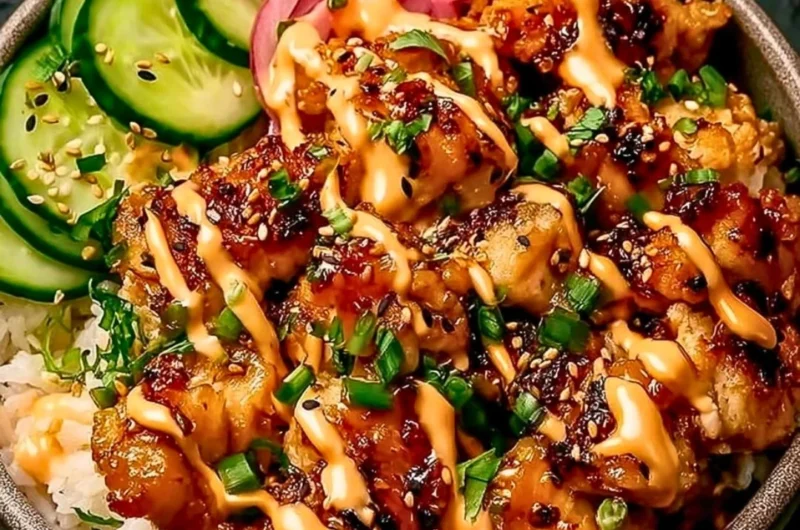 Crispy chicken drizzled with creamy spicy sauce on a plate