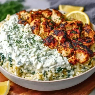 Delicious Dump and Bake Chicken Tzatziki Casserole ready to serve.