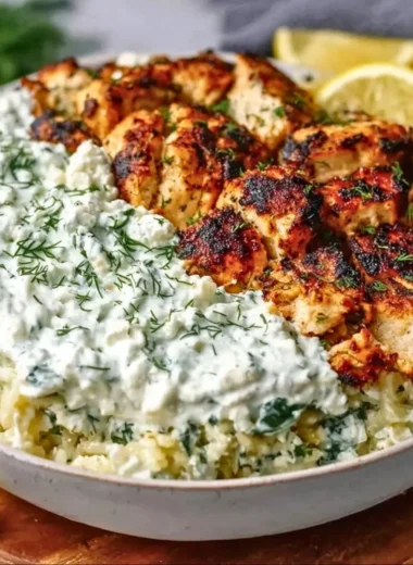 Delicious Dump and Bake Chicken Tzatziki Casserole ready to serve.