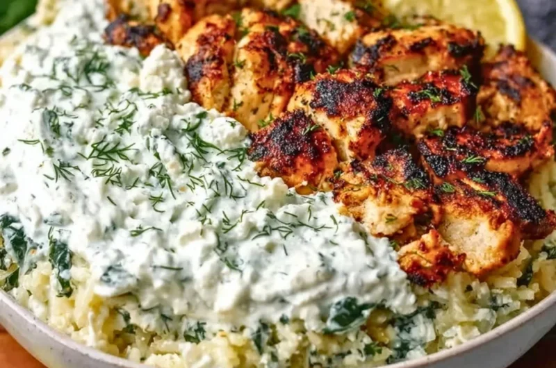 Delicious Dump and Bake Chicken Tzatziki Casserole ready to serve.