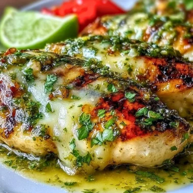 Grilled salsa verde chicken with melted pepper jack cheese on a plate