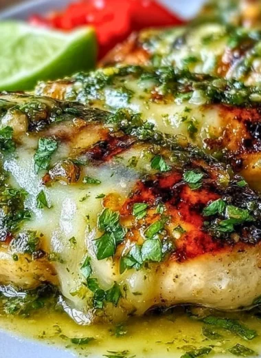 Grilled salsa verde chicken with melted pepper jack cheese on a plate
