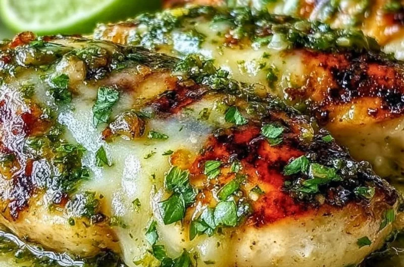 Grilled salsa verde chicken with melted pepper jack cheese on a plate