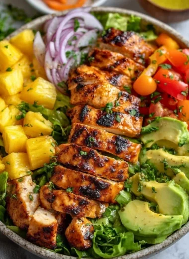 A bowl of Hawaiian Chicken Salad with colorful vegetables and grilled chicken