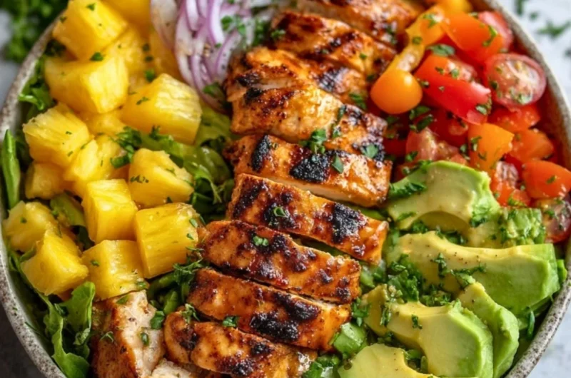 A bowl of Hawaiian Chicken Salad with colorful vegetables and grilled chicken