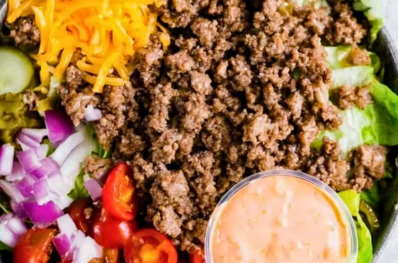Healthy burger bowls with fresh vegetables and lean protein in a bowl