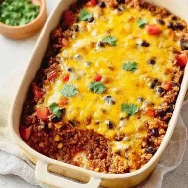 Delicious Mexican Ground Beef Casserole topped with cheese and spices