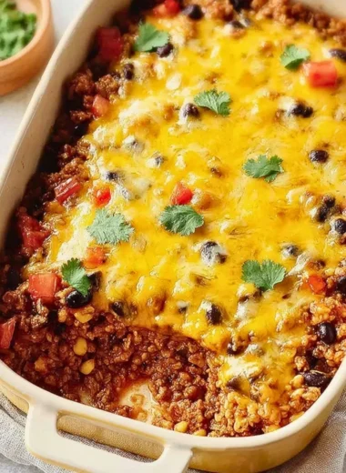 Delicious Mexican Ground Beef Casserole topped with cheese and spices