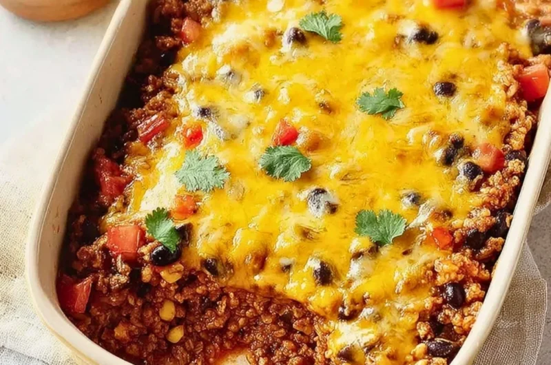 Delicious Mexican Ground Beef Casserole topped with cheese and spices