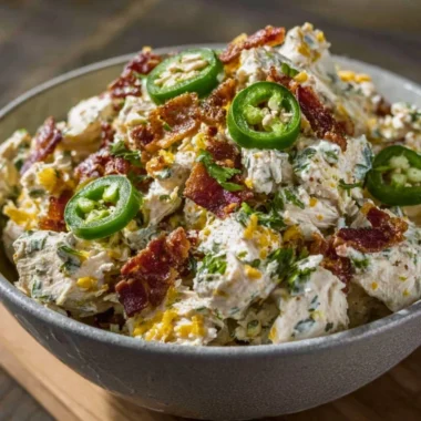 High protein jalapeno popper chicken salad in a bowl with fresh ingredients.