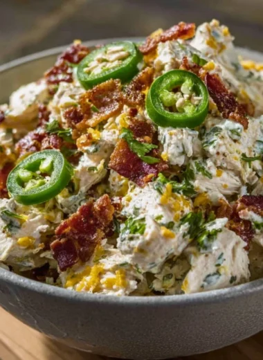 High protein jalapeno popper chicken salad in a bowl with fresh ingredients.