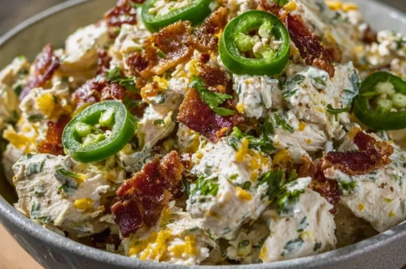 High protein jalapeno popper chicken salad in a bowl with fresh ingredients.