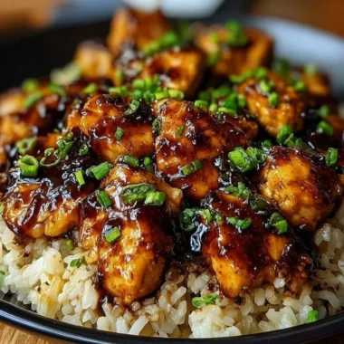 Plate of Honey BBQ Chicken served over rice, garnished with fresh herbs.