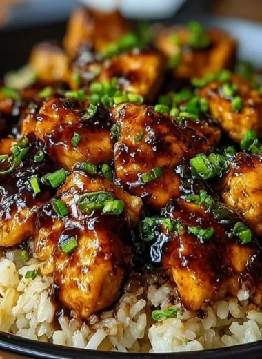Plate of Honey BBQ Chicken served over rice, garnished with fresh herbs.
