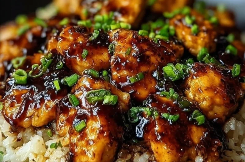 Plate of Honey BBQ Chicken served over rice, garnished with fresh herbs.