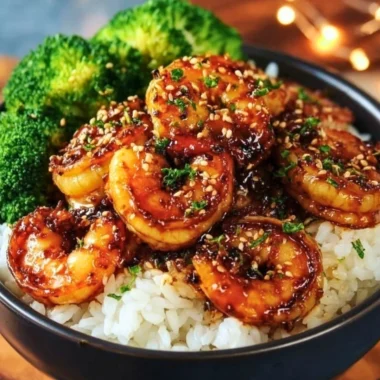 Honey garlic shrimp bowls topped with veggies and rice, a delicious seafood meal.