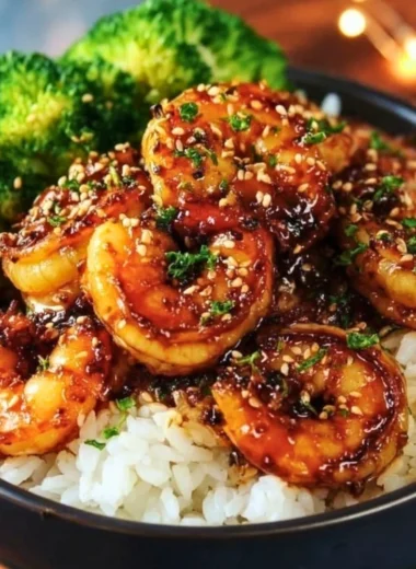 Honey garlic shrimp bowls topped with veggies and rice, a delicious seafood meal.