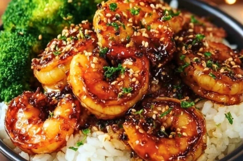 Honey garlic shrimp bowls topped with veggies and rice, a delicious seafood meal.
