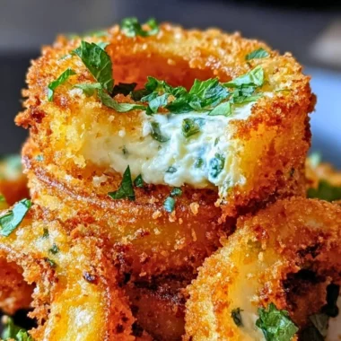 Jalapeño cream cheese stuffed onion rings on a plate, delicious appetizer