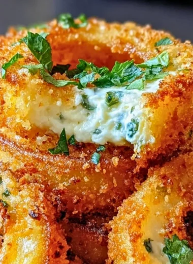 Jalapeño cream cheese stuffed onion rings on a plate, delicious appetizer