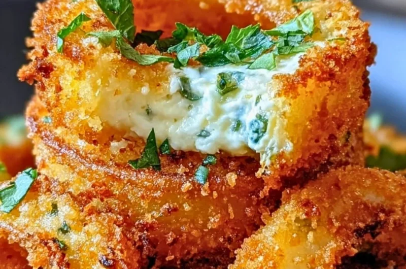 Jalapeño cream cheese stuffed onion rings on a plate, delicious appetizer