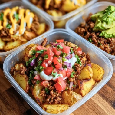 Delicious loaded potato taco bowls topped with avocado and salsa