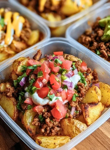 Delicious loaded potato taco bowls topped with avocado and salsa