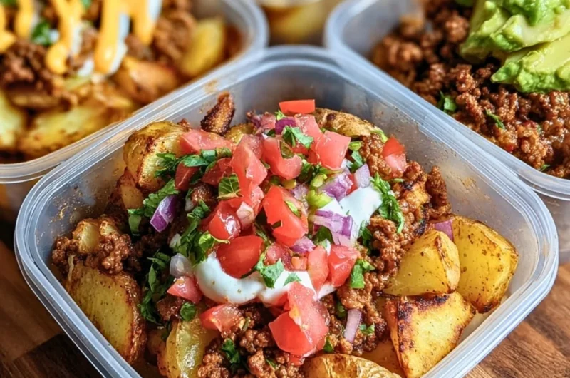 Delicious loaded potato taco bowls topped with avocado and salsa