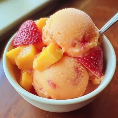 A delicious bowl of homemade Mango Strawberry Sorbet served in a vibrant dish.