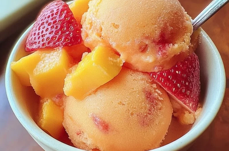 A delicious bowl of homemade Mango Strawberry Sorbet served in a vibrant dish.