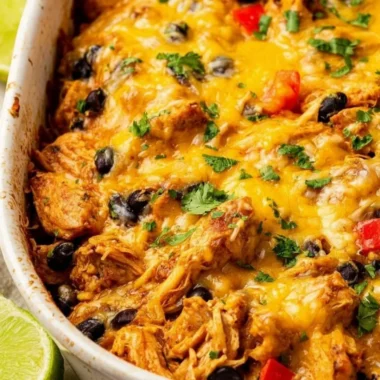 Delicious Mexican Chicken Casserole topped with cheese and fresh ingredients