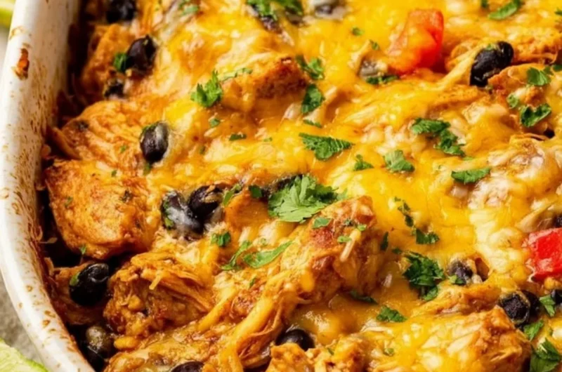 Delicious Mexican Chicken Casserole topped with cheese and fresh ingredients