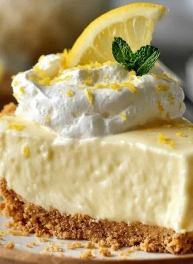 Delicious no-bake lemon icebox pie topped with whipped cream and lemon slices.