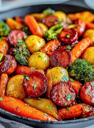 Delicious one-pan honey garlic kielbasa with colorful veggies
