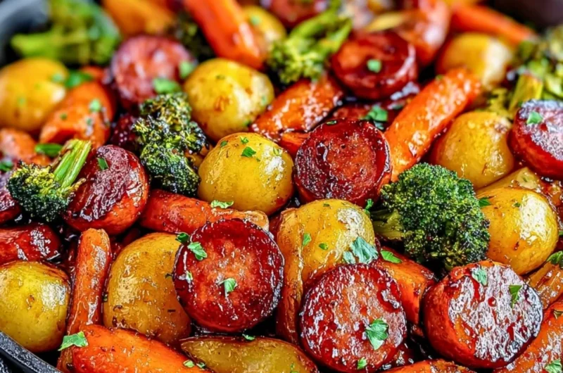 Delicious one-pan honey garlic kielbasa with colorful veggies