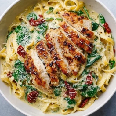 Creamy pesto pasta with tender chicken pieces and fresh basil garnish