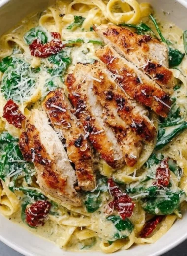 Creamy pesto pasta with tender chicken pieces and fresh basil garnish