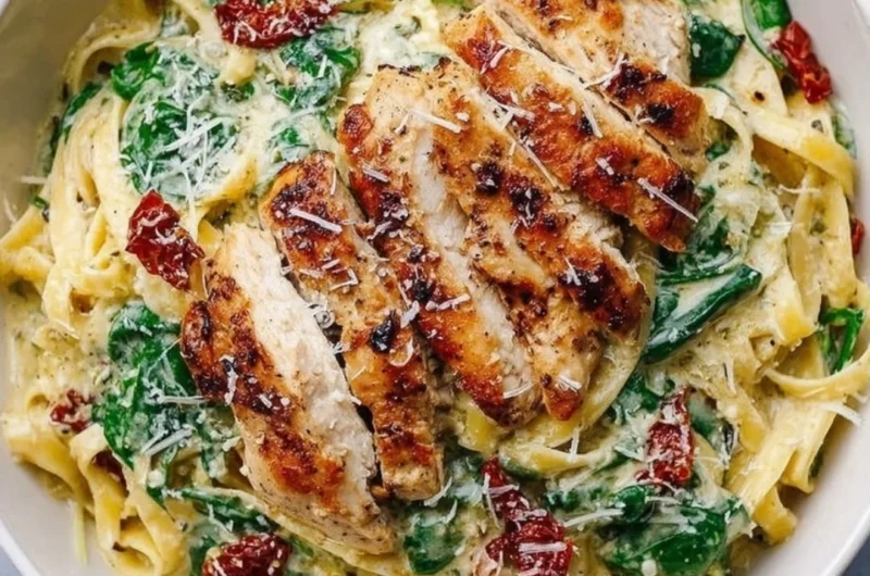Creamy pesto pasta with tender chicken pieces and fresh basil garnish