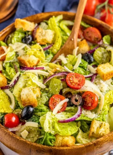 A colorful and fresh simple Italian salad with tomatoes, lettuce, and olives.