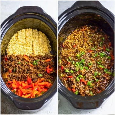 Bowl of slow cooker beef ramen with tender beef, noodles, and fresh vegetables