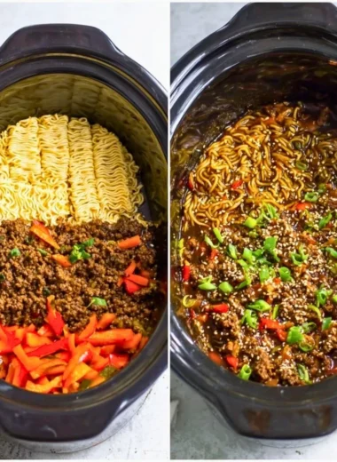 Bowl of slow cooker beef ramen with tender beef, noodles, and fresh vegetables