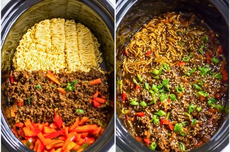 Bowl of slow cooker beef ramen with tender beef, noodles, and fresh vegetables