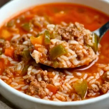 A bowl of flavorful stuffed pepper soup with colorful bell peppers and spices
